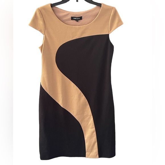 Chetta B Dresses & Skirts - Chetta B Stretch Dress Wave Pattern‎ Black Tan Women’s Size 6
